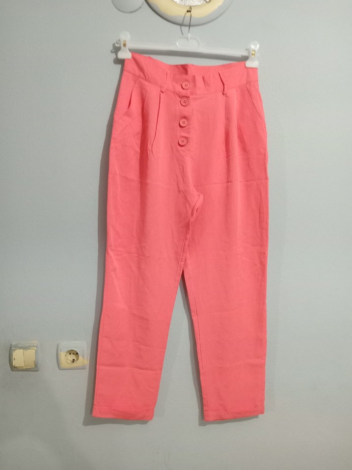 Düğmeli Pembe Rahat Kesim Kadın Pantolon - Görsel 3