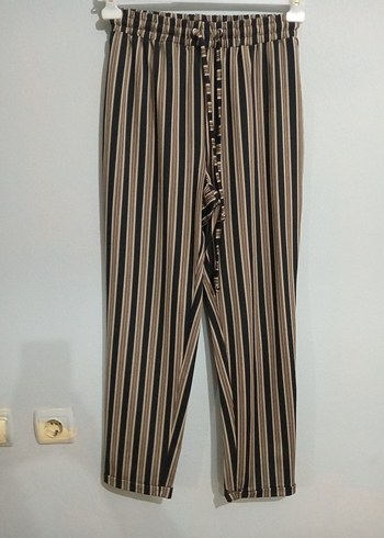 Kadın Bej Çizgili Kumaş Pantolon - Görsel 3