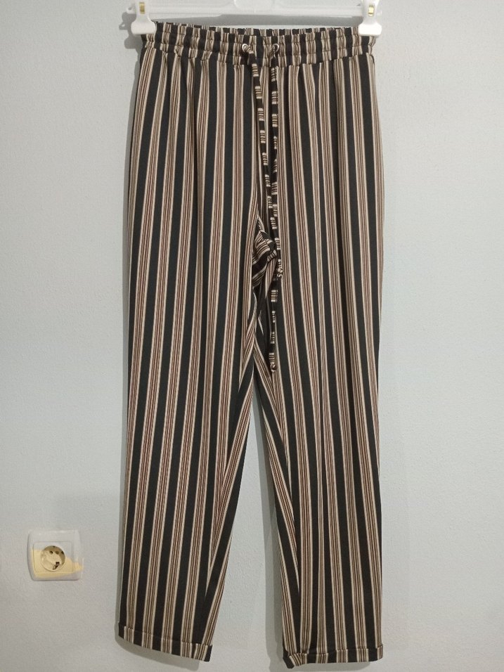 Kadın Bej Çizgili Kumaş Pantolon - Görsel 2