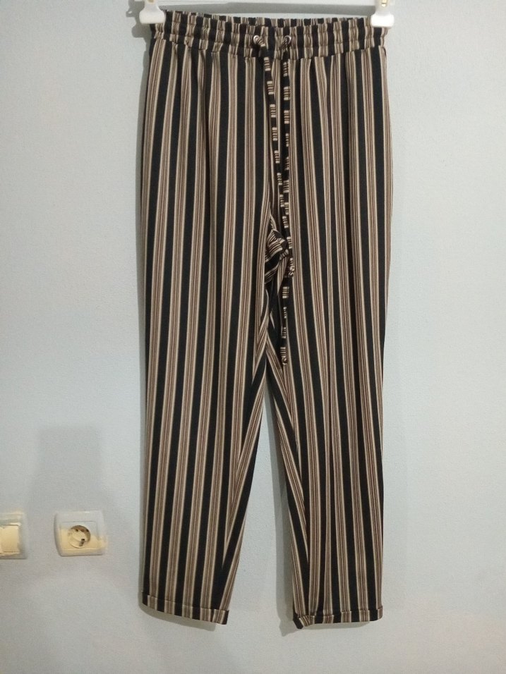 Kadın Bej Çizgili Kumaş Pantolon - Görsel 3