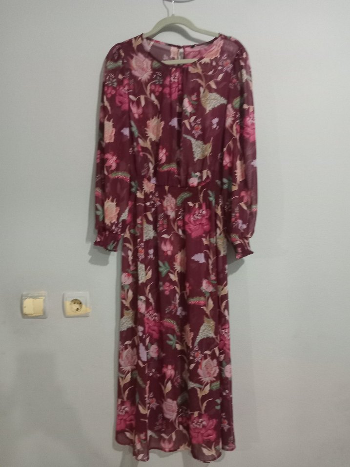 Bordo Çiçek Desenli Uzun Bohem Elbise - Görsel 2