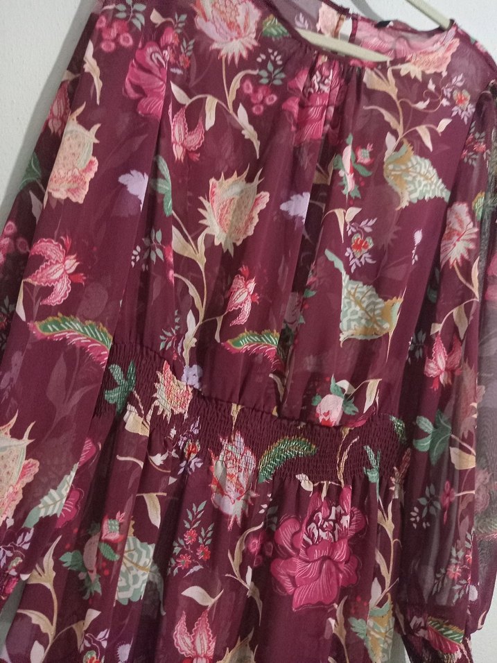 Bordo Çiçek Desenli Uzun Bohem Elbise - Görsel 3