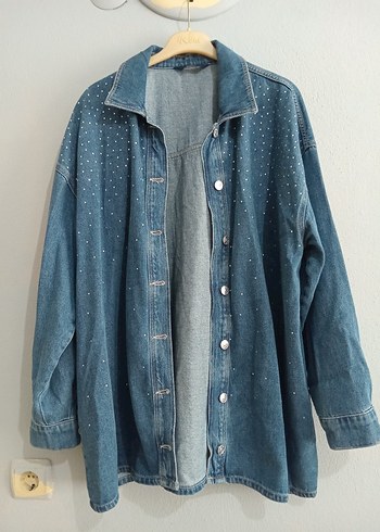 Düğmeli Parlak Mavi Kadın Denim Ceket