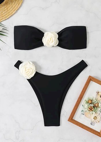 Preppy Siyah Gül Detaylı Bikini Set