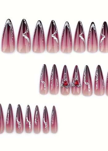 24 Adet Fransız Uzun Stileto Tırnak Seti  Siyah Gradyan & Bling - Görsel 2
