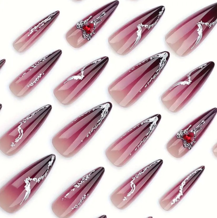 24 Adet Fransız Uzun Stileto Tırnak Seti  Siyah Gradyan & Bling - Görsel 3