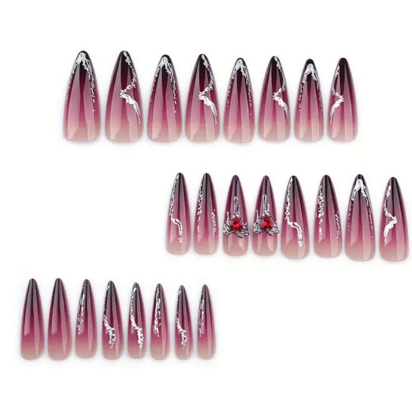 24 Adet Fransız Uzun Stileto Tırnak Seti  Siyah Gradyan & Bling - Görsel 2