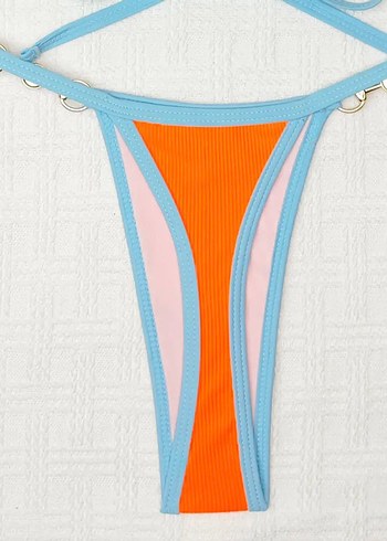 Mavi Kenarlı Turuncu İpli Bikini Takımı - Görsel 7