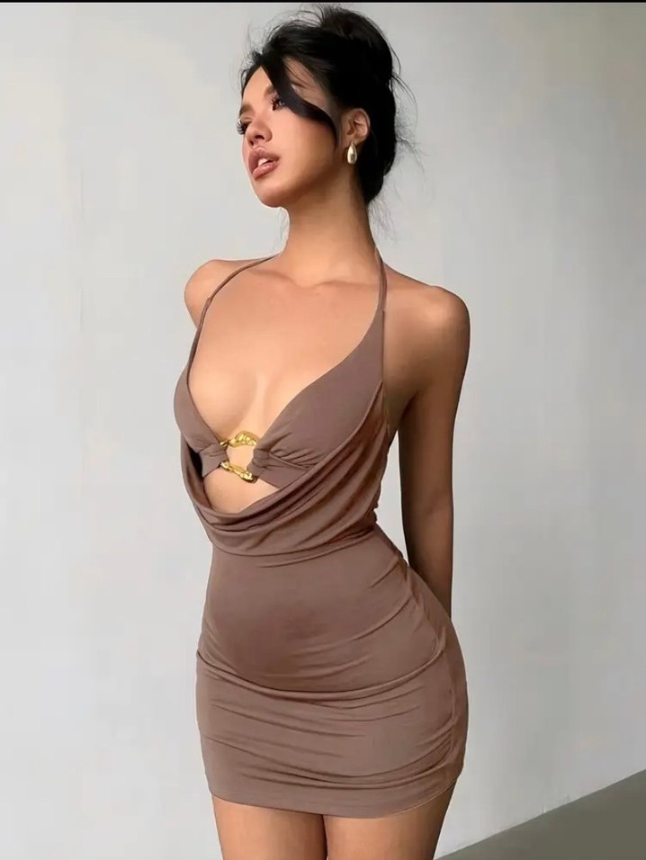 V Yaka Saten Mini Elbise - Görsel 5