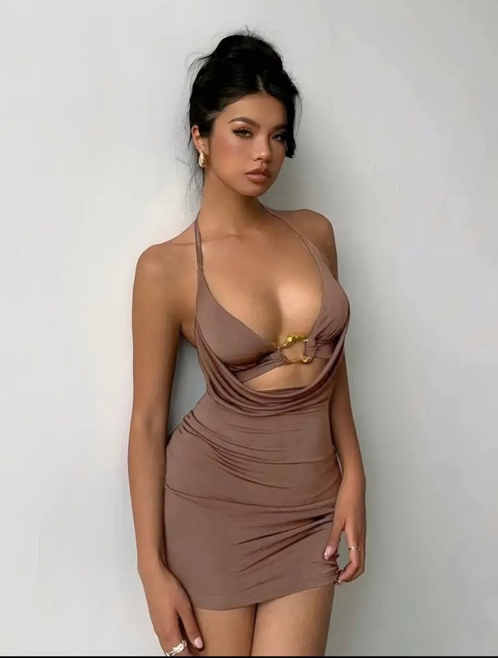 V Yaka Saten Mini Elbise - Görsel 3