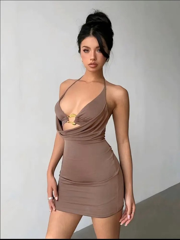 V Yaka Saten Mini Elbise - Görsel 4