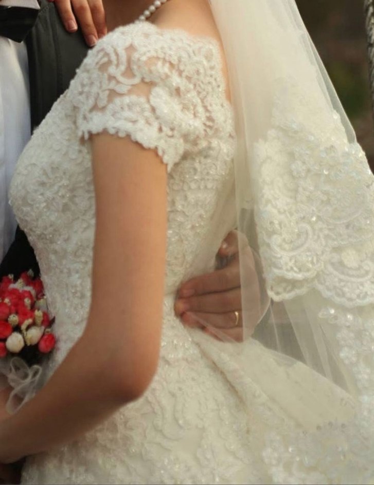 Kısa Kollu A Kesim Beyaz Gelinlik - Görsel 2