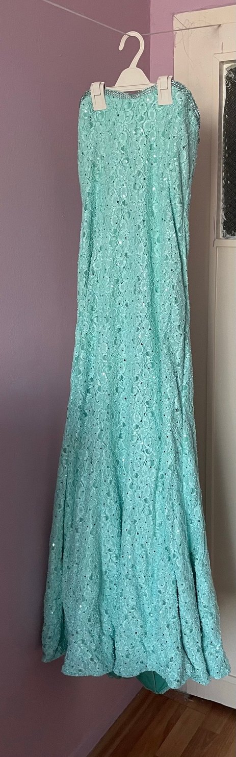 Dantel Detaylı Turkuaz Straplez Uzun Elbise - Görsel 5