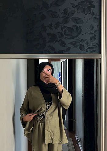 42 Beden Kadın Keten Haki Takım Notch Yaka