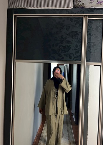 Kadın Keten Haki Takım Notch Yaka
