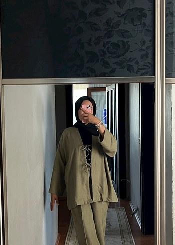 42 Beden haki Renk Kadın Keten Haki Takım Notch Yaka