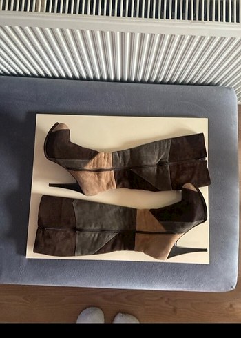 39 Beden Kahverengi Süet deri Desenli Dizüstü Stiletto Çizme