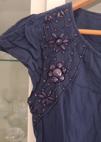 Dantel Detaylı Lacivert pamuklu işlemeli elbise - Görsel 2