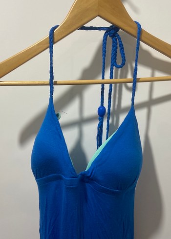 Mavi Drapeli İp Askılı Maksi oenye elbise - Görsel 3