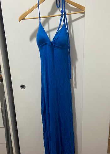 Mavi Drapeli İp Askılı Maksi oenye elbise - Görsel 2