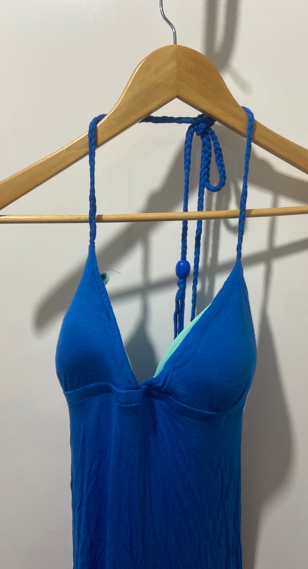 Mavi Drapeli İp Askılı Maksi oenye elbise - Görsel 3