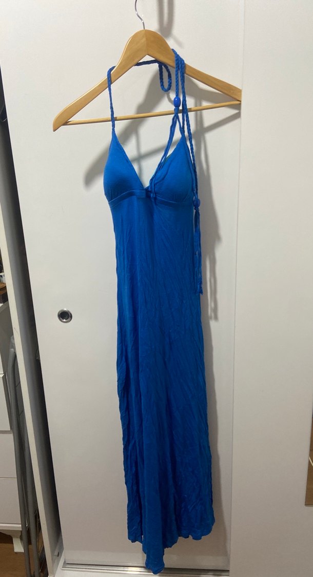 Mavi Drapeli İp Askılı Maksi oenye elbise - Görsel 2