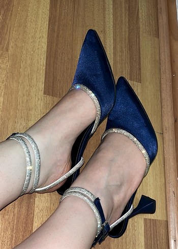 Mavi Stiletto Tokalı Kadın Topuklu Ayakkabı taşlı - Görsel 3