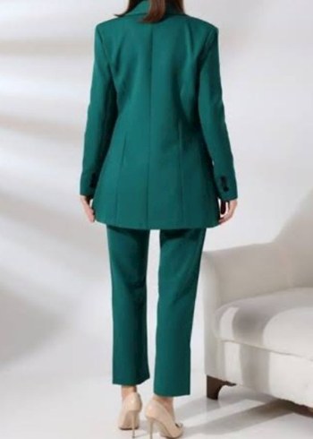 s Beden Düğmeli Koyu Yeşil Uzun Kollu Blazer ceket takım