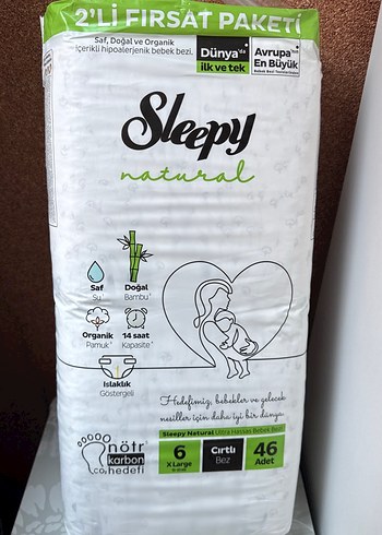 6 Beden: 16+ kg Beden Renk Sleepy Natural X Large 46'lı Organik Bebek Bezi
