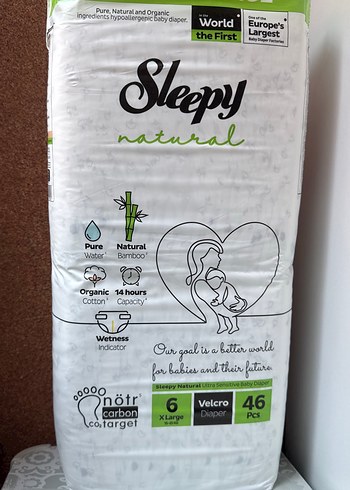 6 Beden: 16+ kg Beden Sleepy Natural X Large 46'lı Organik Bebek Bezi