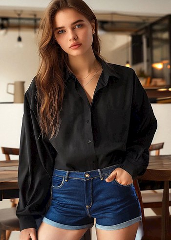 Siyah V Yaka Uzun Kollu Denim Gömlek