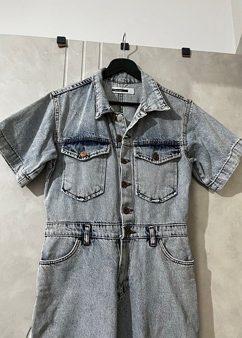 Kar Yıkamalı Jean Denim Midi Tulum Düğmeli Yaka Detaylı - Görsel 2