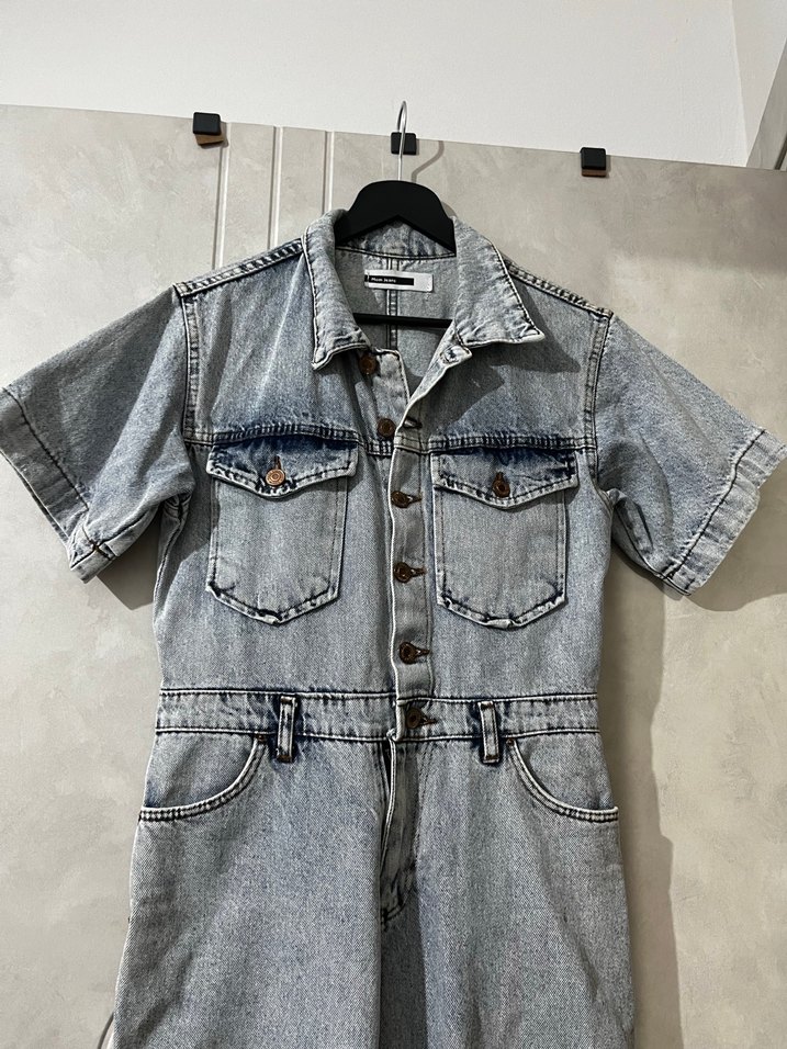 Kar Yıkamalı Jean Denim Midi Tulum Düğmeli Yaka Detaylı - Görsel 2