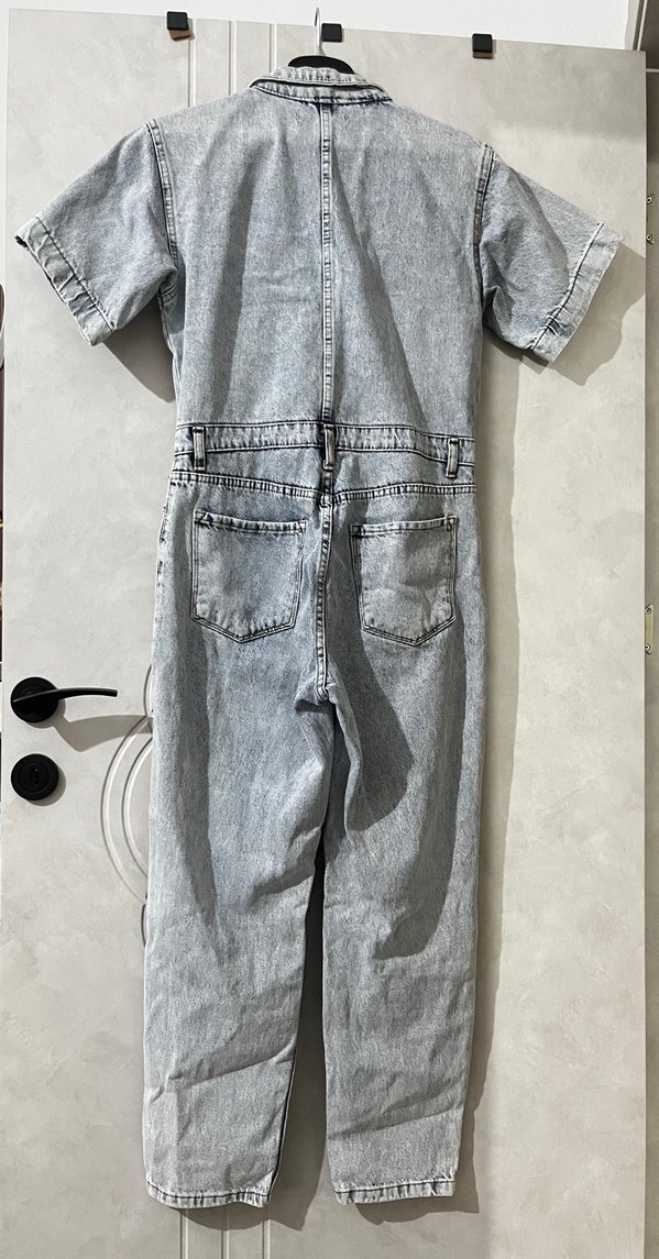 Kar Yıkamalı Jean Denim Midi Tulum Düğmeli Yaka Detaylı - Görsel 3