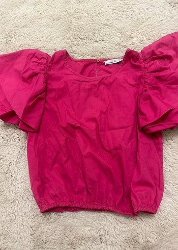 Pembe Kısa Kollu Fırfırlı Kadın Bluz