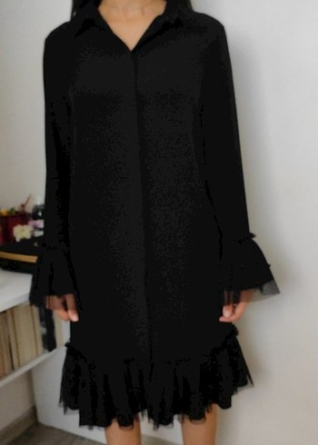 Siyah Fırfırlı Uzun Kollu Gotik Triko Elbise