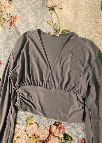 Happiness Gri V Yaka Drape Detaylı Kadın Bluz