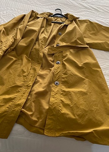 Düğmeli Sarı Midi Keten Kadın Trençkot - Görsel 7