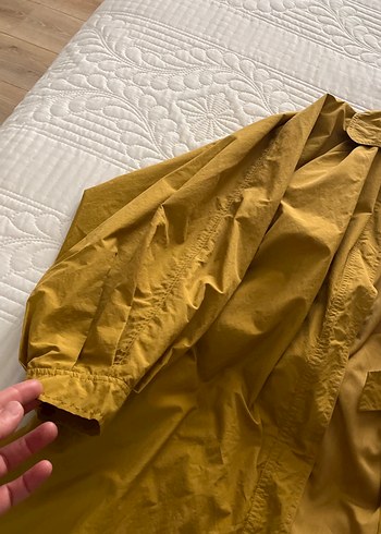 Düğmeli Sarı Midi Keten Kadın Trençkot - Görsel 5