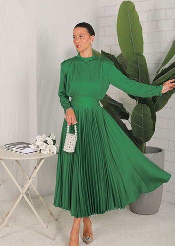 Yeşil Pilili Uzun Kollu Uzun Elbise - Görsel 7