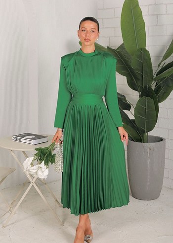 Yeşil Pilili Uzun Kollu Uzun Elbise - Görsel 5