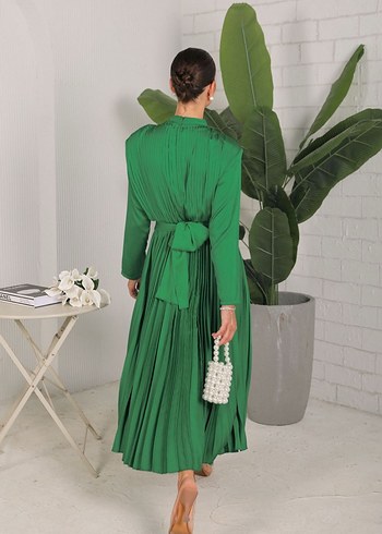 Yeşil Pilili Uzun Kollu Uzun Elbise - Görsel 4