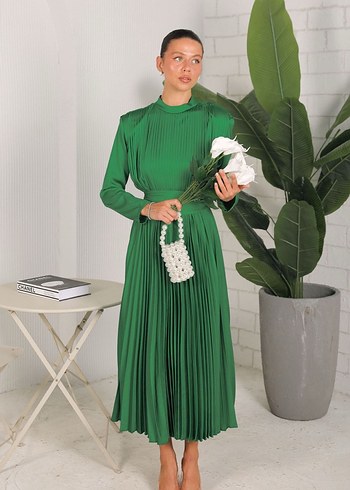 Yeşil Pilili Uzun Kollu Uzun Elbise - Görsel 6