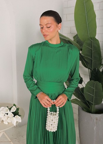 Yeşil Pilili Uzun Kollu Uzun Elbise - Görsel 3