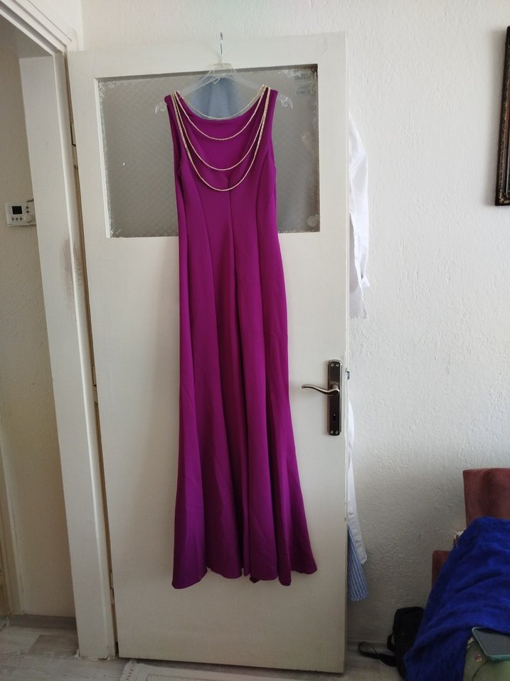 Uzun, Drapeli Mor Kadın Abiye Elbise - Görsel 2