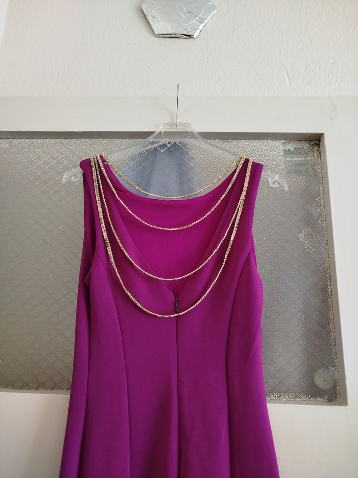 Uzun, Drapeli Mor Kadın Abiye Elbise - Görsel 3