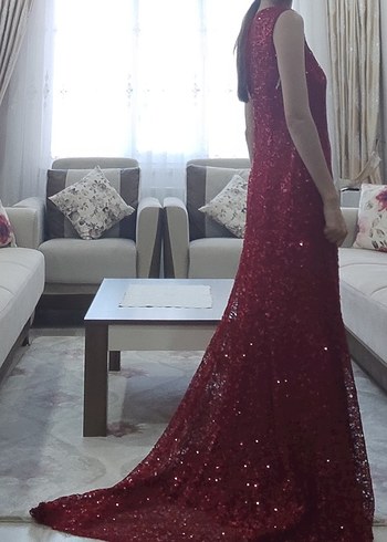 Diğer Bordo V Yaka Drapeli Uzun Abiye Elbise