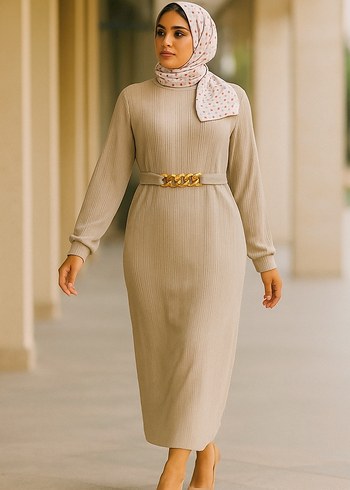 Gri Uzun Kol Beli Zincir Kemerli Elbise - Görsel 2