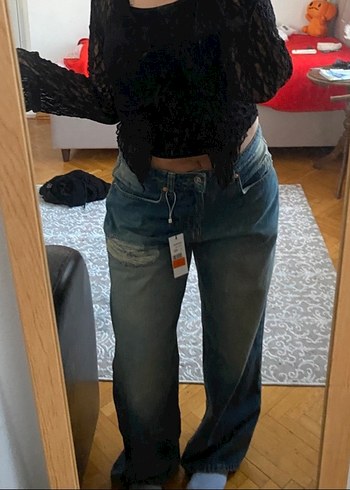 Mavi Parlak Denim Midi Bol Kesim Kadın Kot