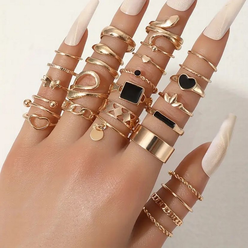 27 parça Bohem Tarz Altın Renkli Desenli Kadın Yüzük Seti - Görsel 2